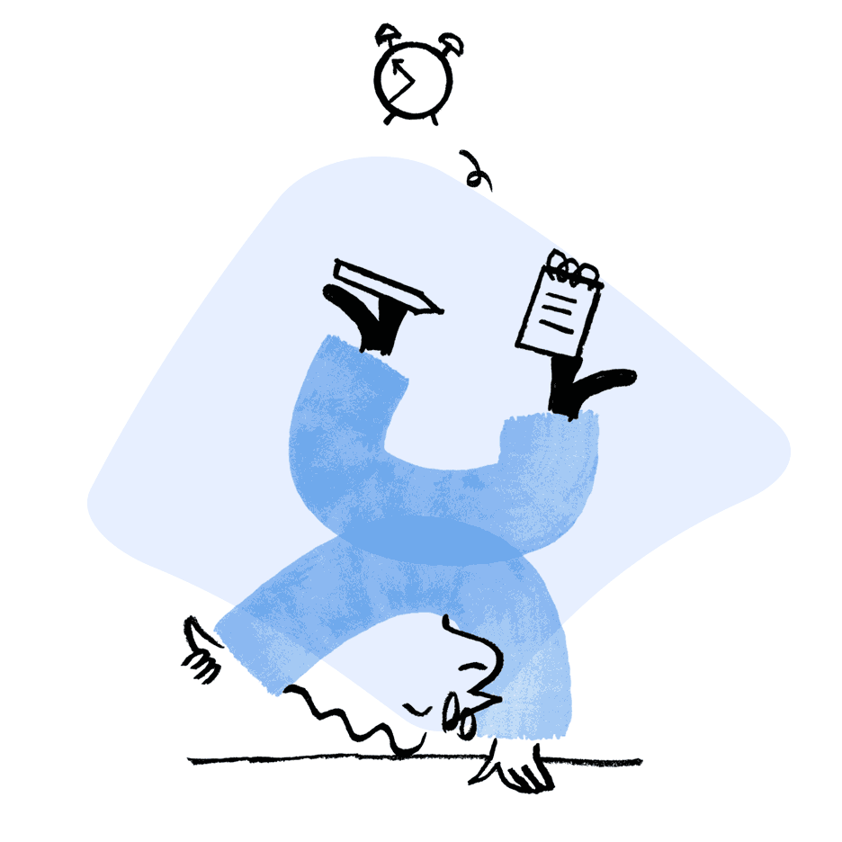 An illustration of Quinn doing a handstand all while juggling a pencil, an alarm clock, and a notepad