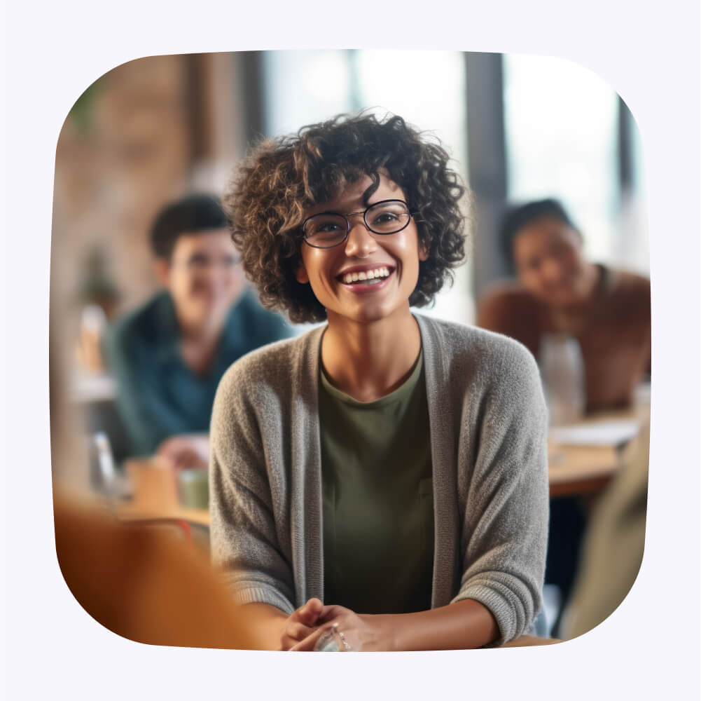 Woman wearing glasses smiling.
