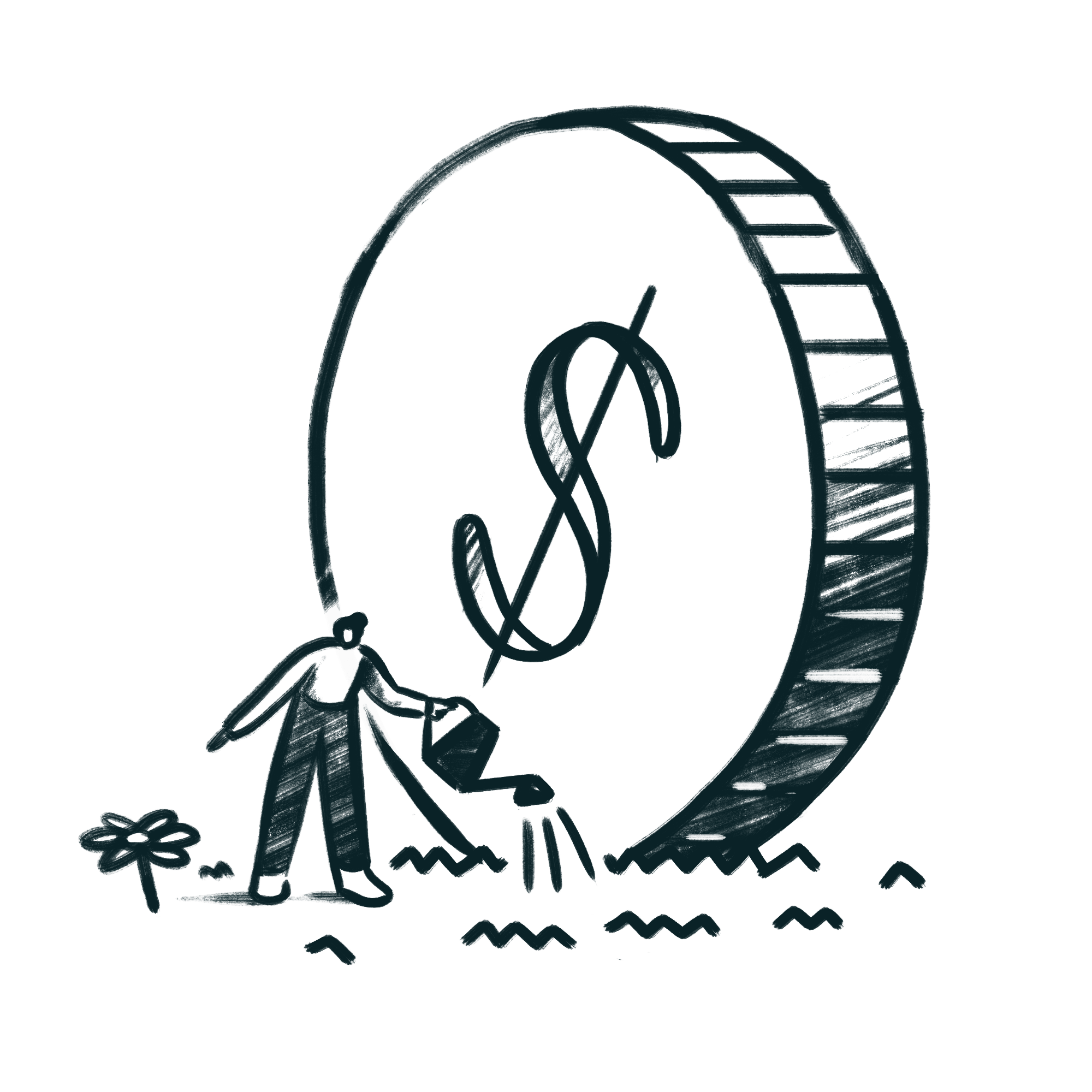 An illustration of a person watering a small plant next to a large coin with a dollar symbol