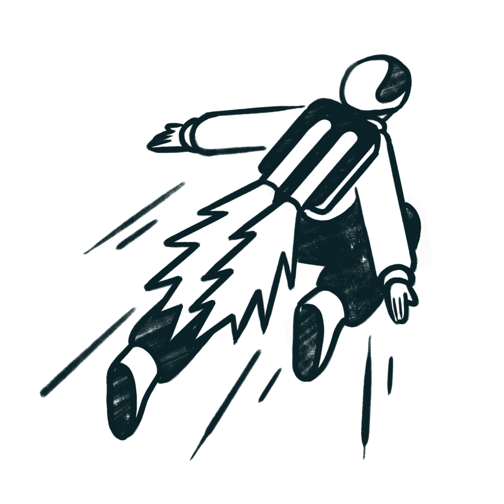 A person jetting forward with streaks of motion behind them, representing rapid progress and boosted productivity