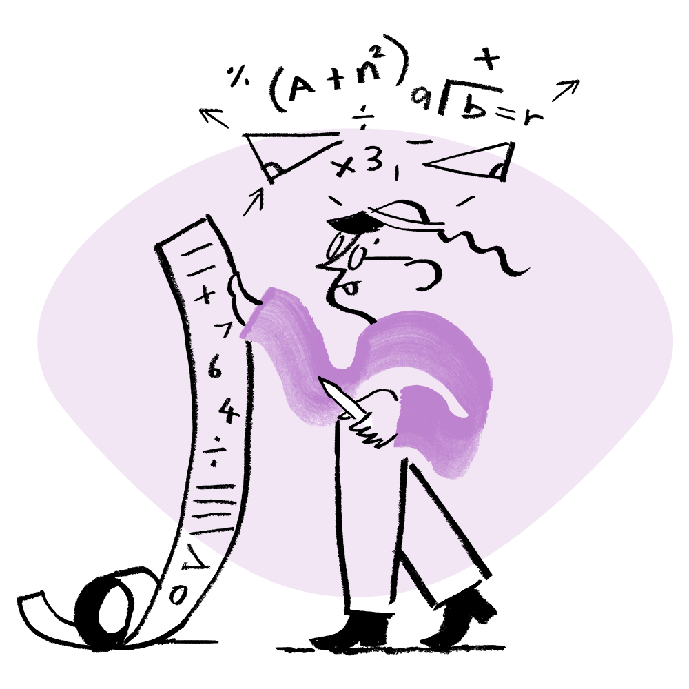 An image of Quinn holding a scroll with formulas (lilac)