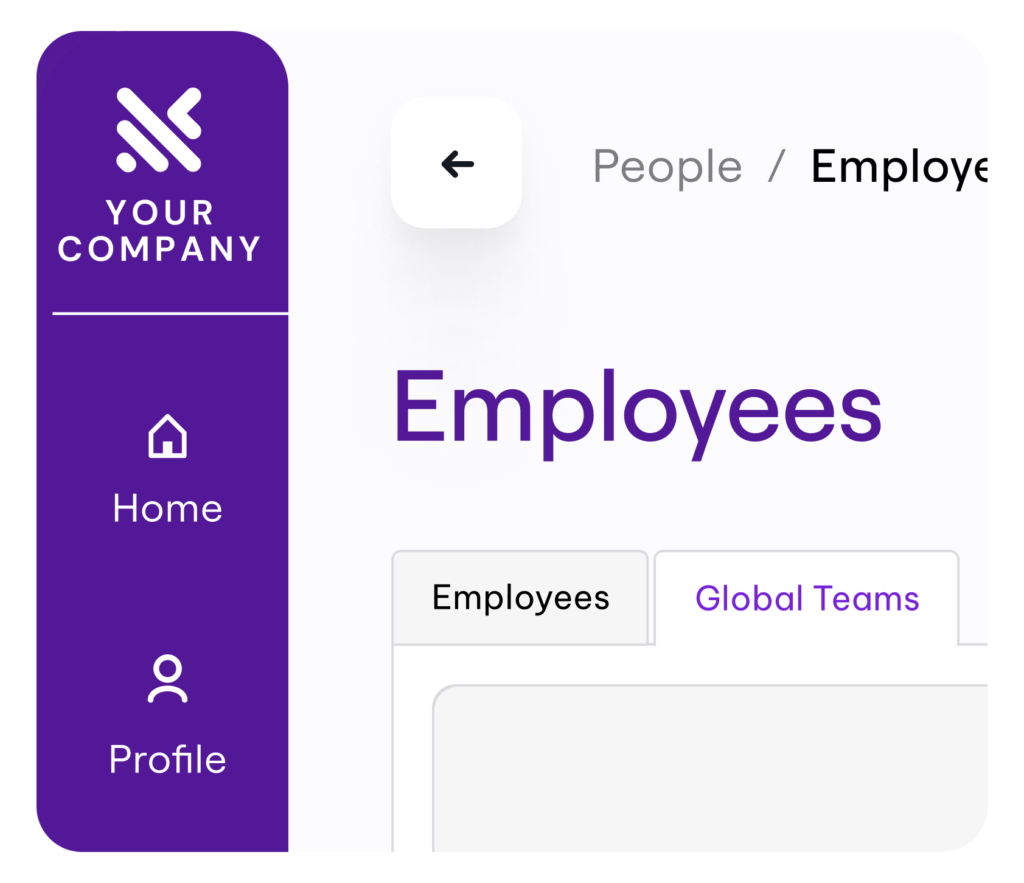 HR management system interface showing the 'Employees' section under 'People.' The navigation menu on the left displays options like 'Home' and 'Profile,' with a placeholder logo labeled 'Your Company.'