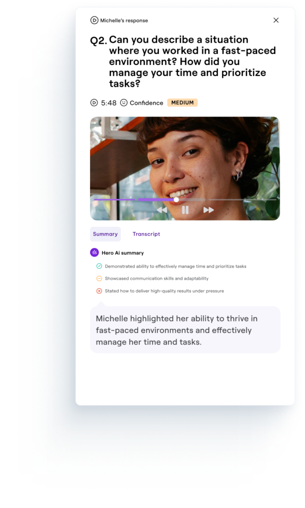 A graphic showcasing a candidate's video response to an interview question about managing time in a fast-paced environment. The response includes a transcript and an AI-generated summary