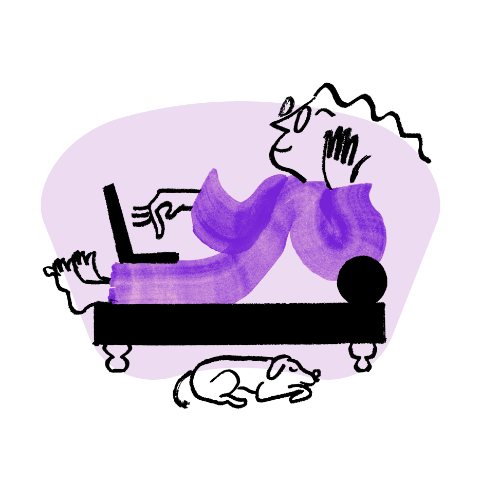 An illustration of Quinn resting on a couch, working on the laptop while a dog rests