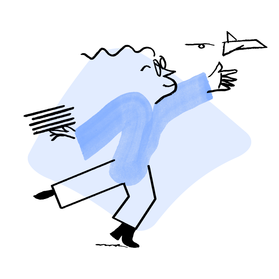 An illustration of Quinn leaning forward, setting a paper plane in motion