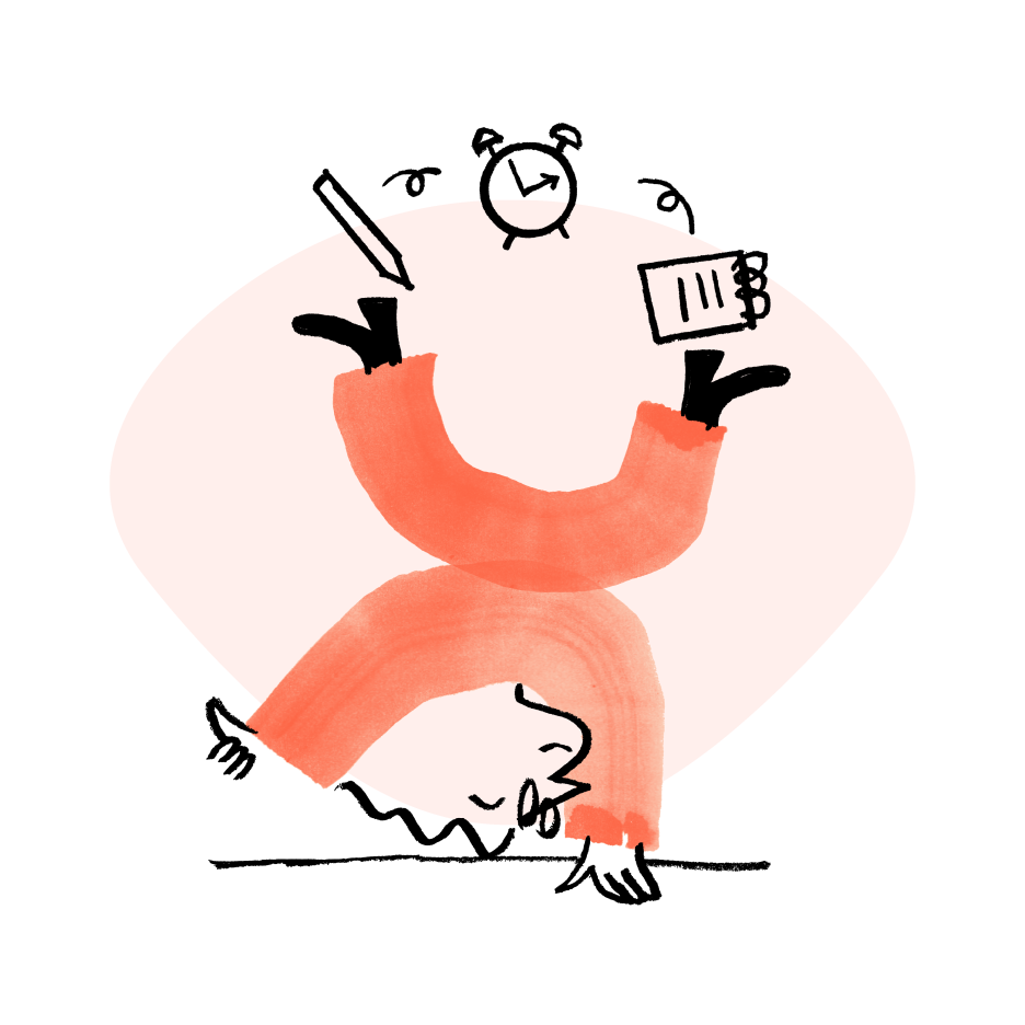 An illustration of Quinn doing a handstand, juggling a pencil, an alarm clock, and a notepad in the air