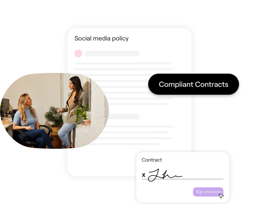 This image highlights tools for managing contracts and policies in the workplace. It features a "Social media policy" document and a tag labeled "Compliant Contracts." Below, there's a digital signature section labeled "Contract" with a signature and a "Sign and complete" button in purple. To the left, there's an image of two women conversing in an office setting, emphasizing collaboration
