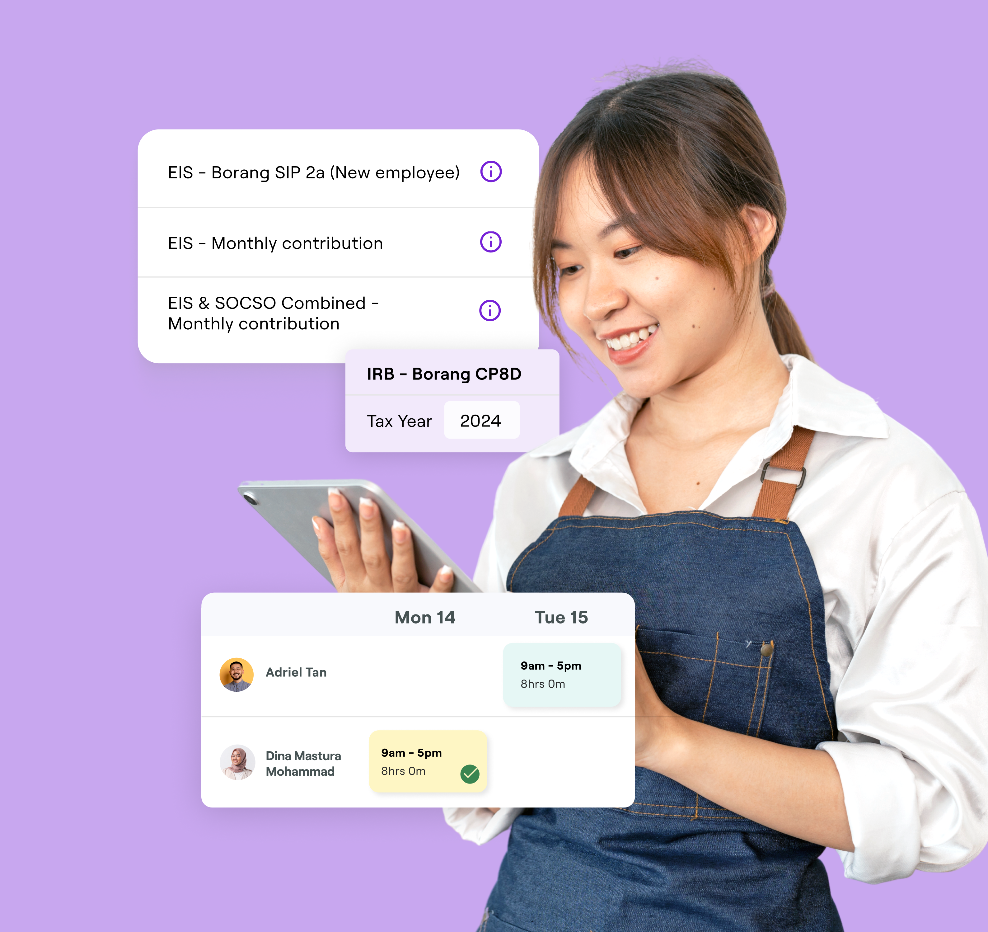 A woman in an apron smiling while using a tablet, with overlay popups showing tax and contribution reports, and a work schedule.