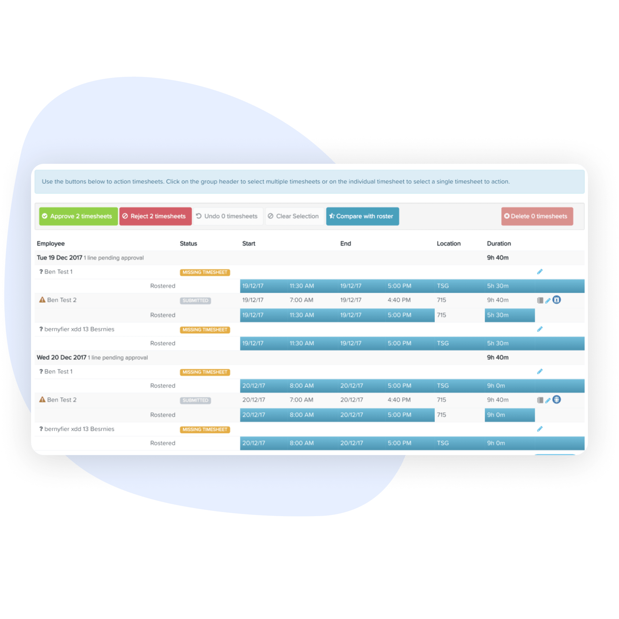 Image displaying a comparison view of scheduled rosters versus actual timesheets for multiple employees