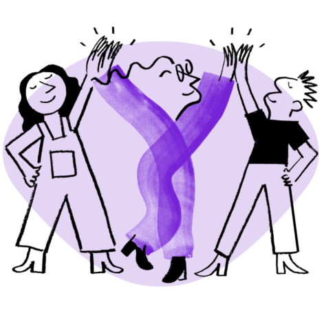 An illustration of three people high-fiving, with a purple brushstroke effect in the background