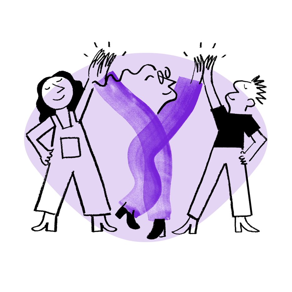 Three people giving high-fives, celebrating together, with a purple abstract shape in the background