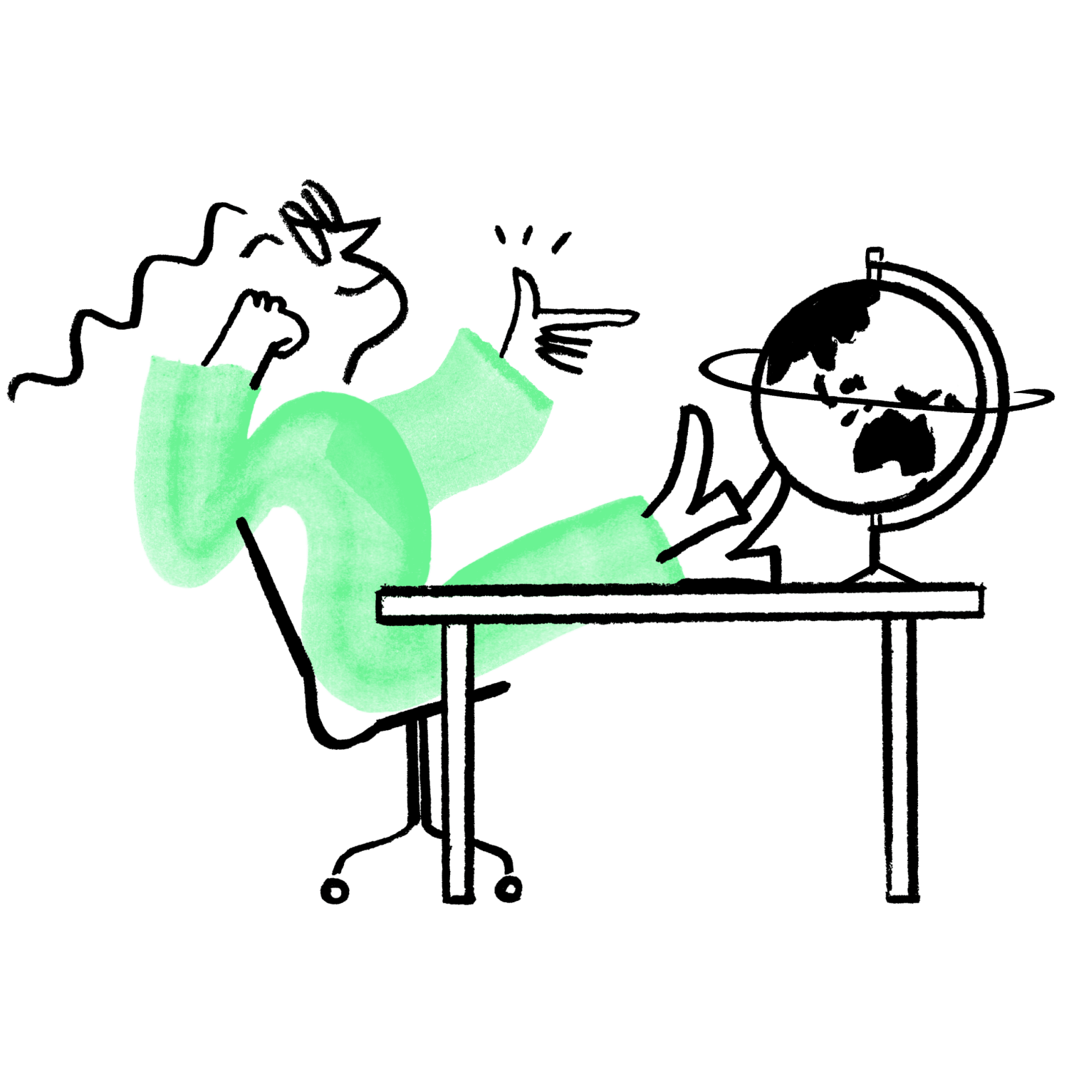 An illustration of a relaxed Quinn with feet on a desk, pointing playfully next to a globe