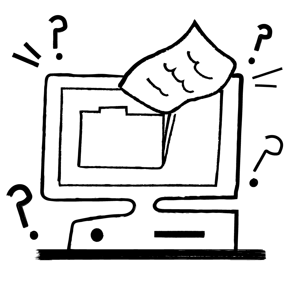 An abstract illustration of a computer monitor displaying a folder icon with a file icon attahced on it.
