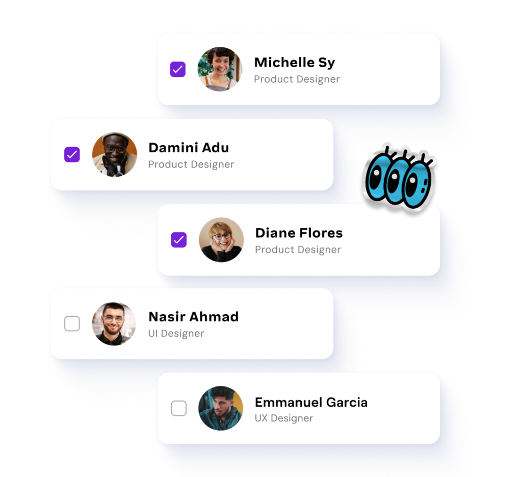 List of designer candidates with profile images and selection checkboxes for hiring, including Michelle Sy, Damini Adu, Diane Flores, Nasir Ahmad, and Emmanuel Garcia.
