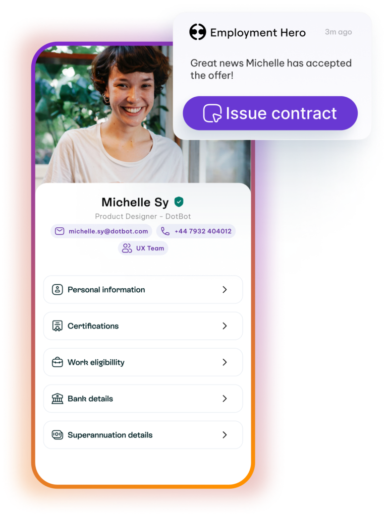 A graphic showing a smartphone screen with a candidate profile, including personal details and certifications