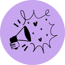 Illustration of a megaphone with hearts and lines symbolizing announcements or communication