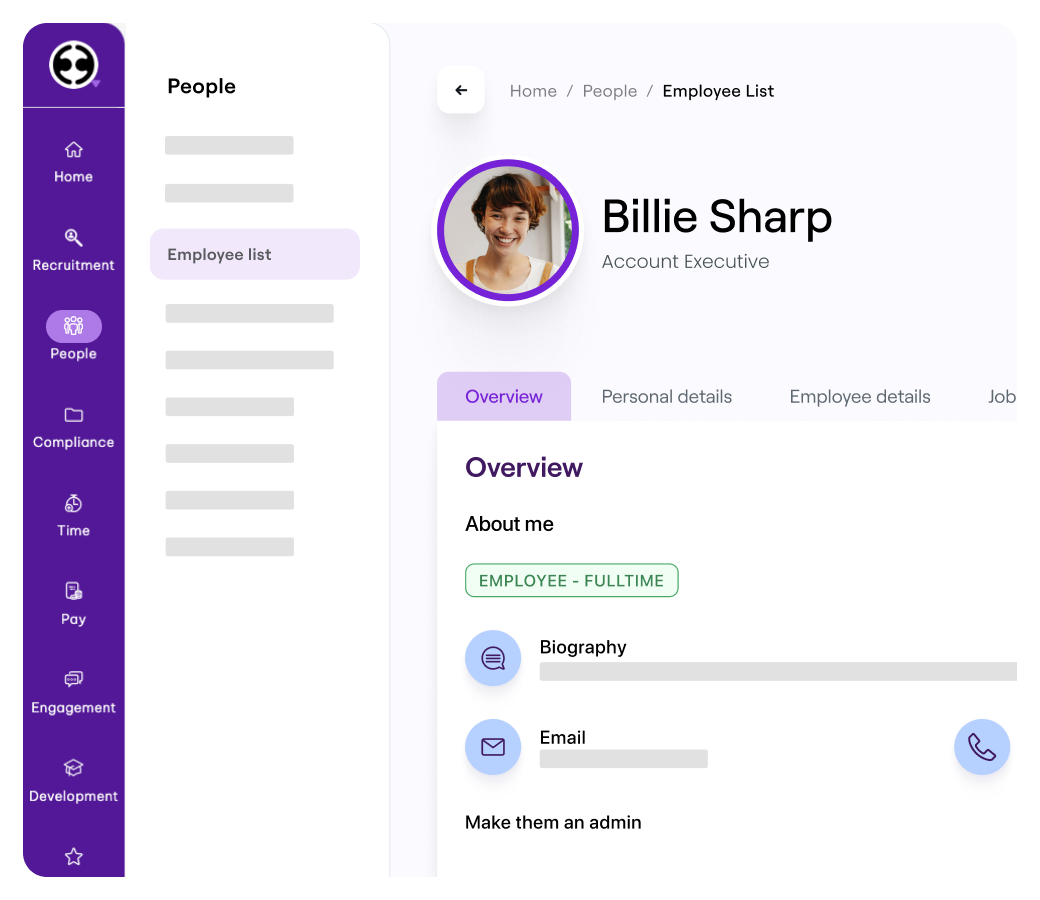 HR management system interface displaying an employee profile for Billie Sharp, an Account Executive. The profile includes tabs for overview, personal details, and employee details, with fields for biography and email. The navigation menu on the left highlights 'People' and 'Employee List.'