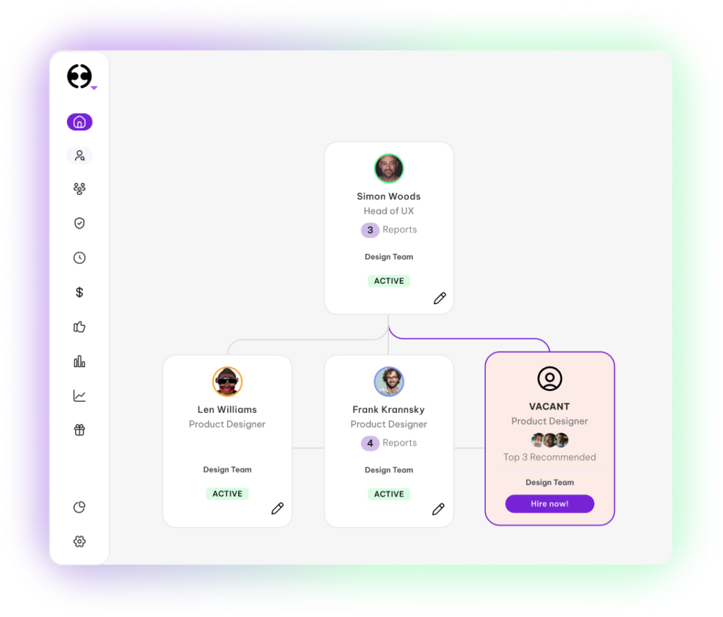 A graphic displaying an organisational chart with a highlighted vacant position in the design team