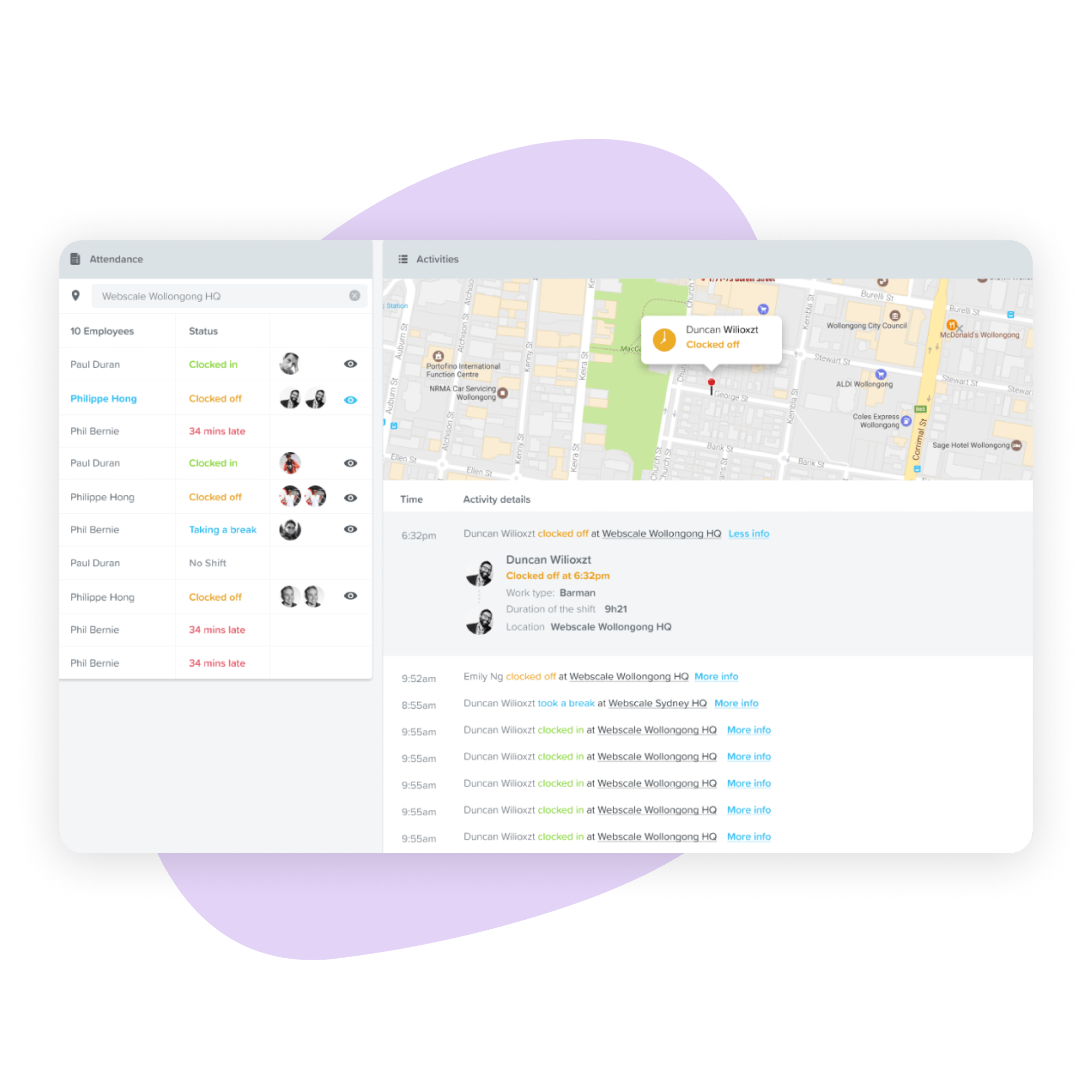 Screenshot of a dashboard displaying a live view of employee attendance and location on a map. The interface shows employee statuses, such as 'Clocked in' and 'On Break,' alongside a map