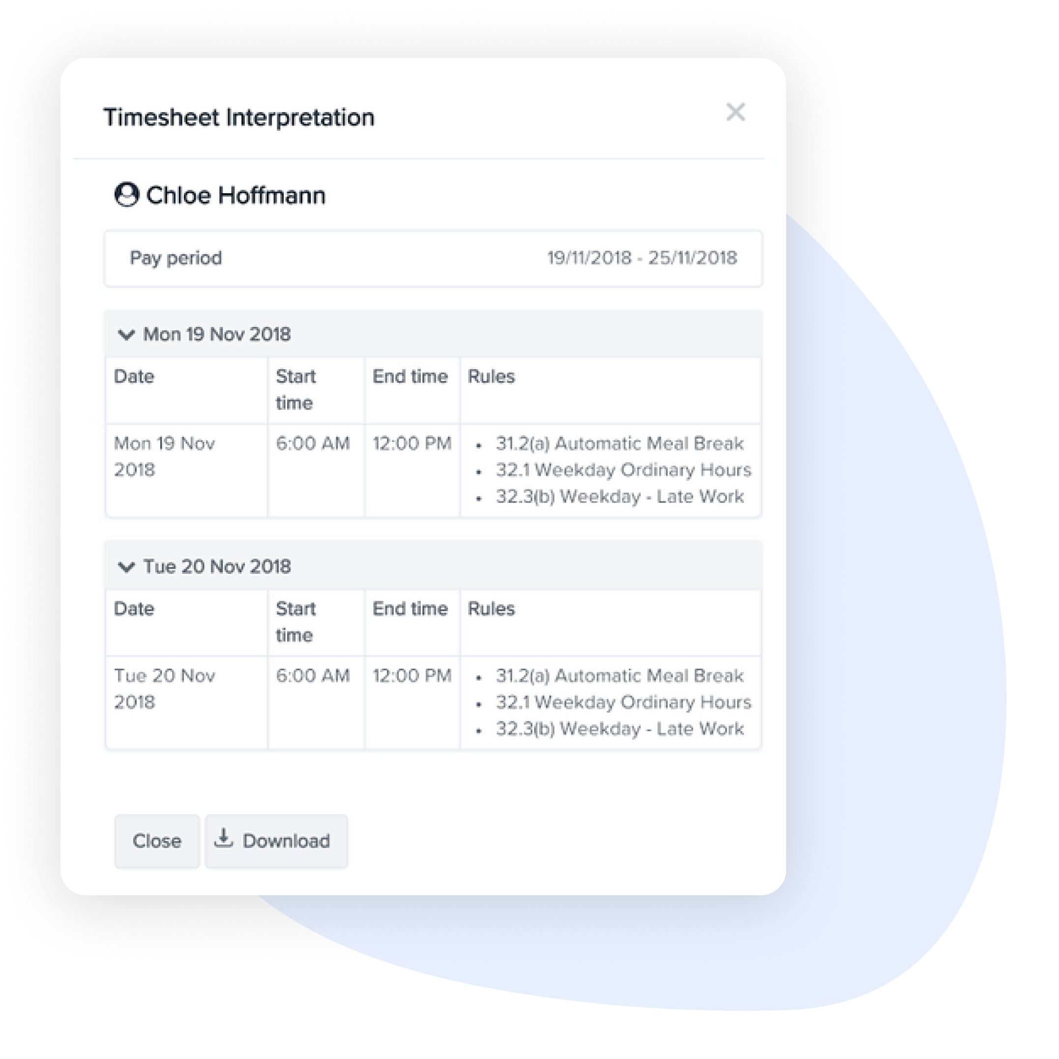 A screenshot of the "Timesheet Interpretation" interface displaying detailed timesheet data for an employee, including date, start and end times, and applied rules for each workday.