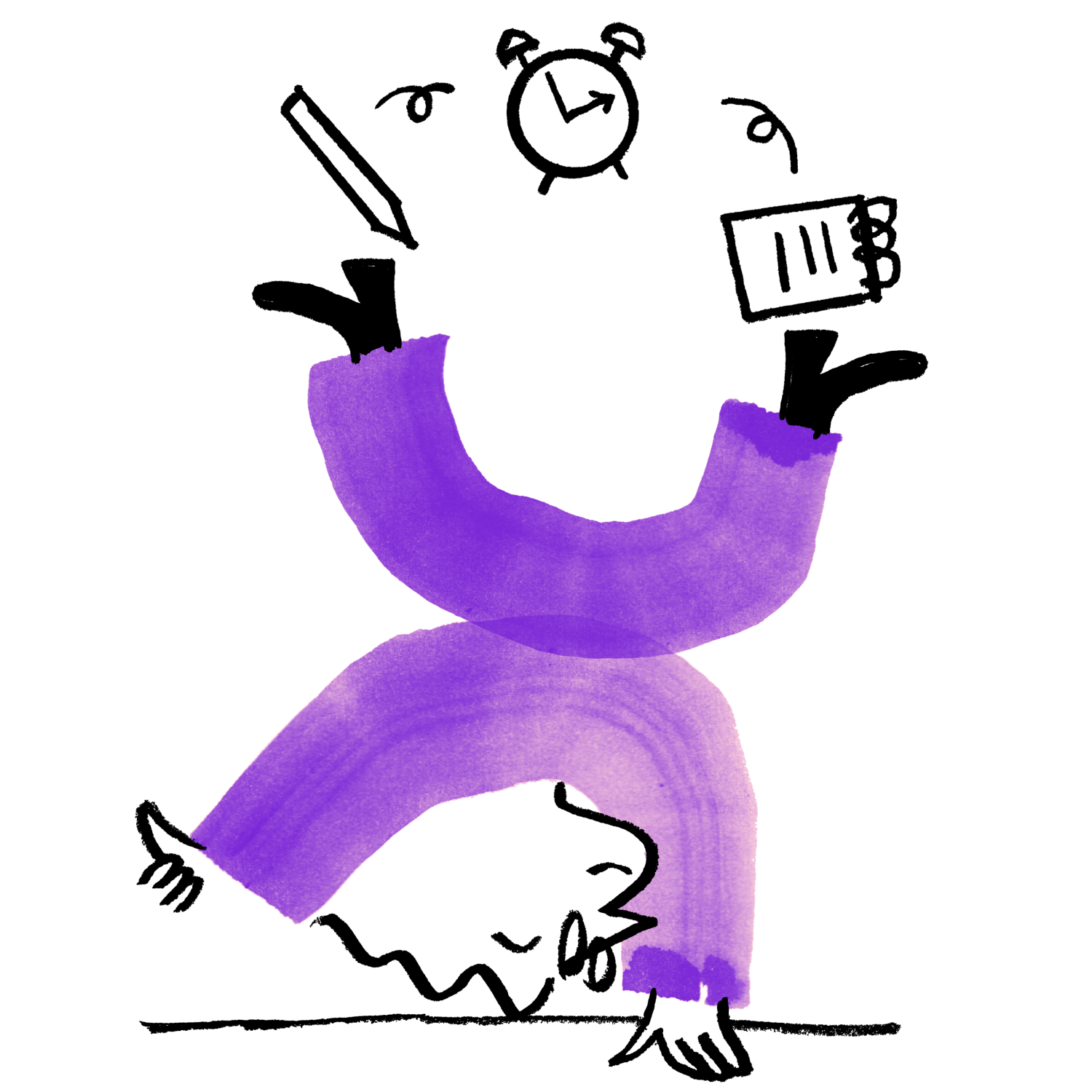 Graphic of Quinn doing a handstand while juggling a pencil, an alarm clock, and a notepad