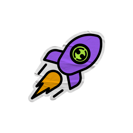 A cartoon-style purple rocket with an orange flame and a Employment hero logo on its body.