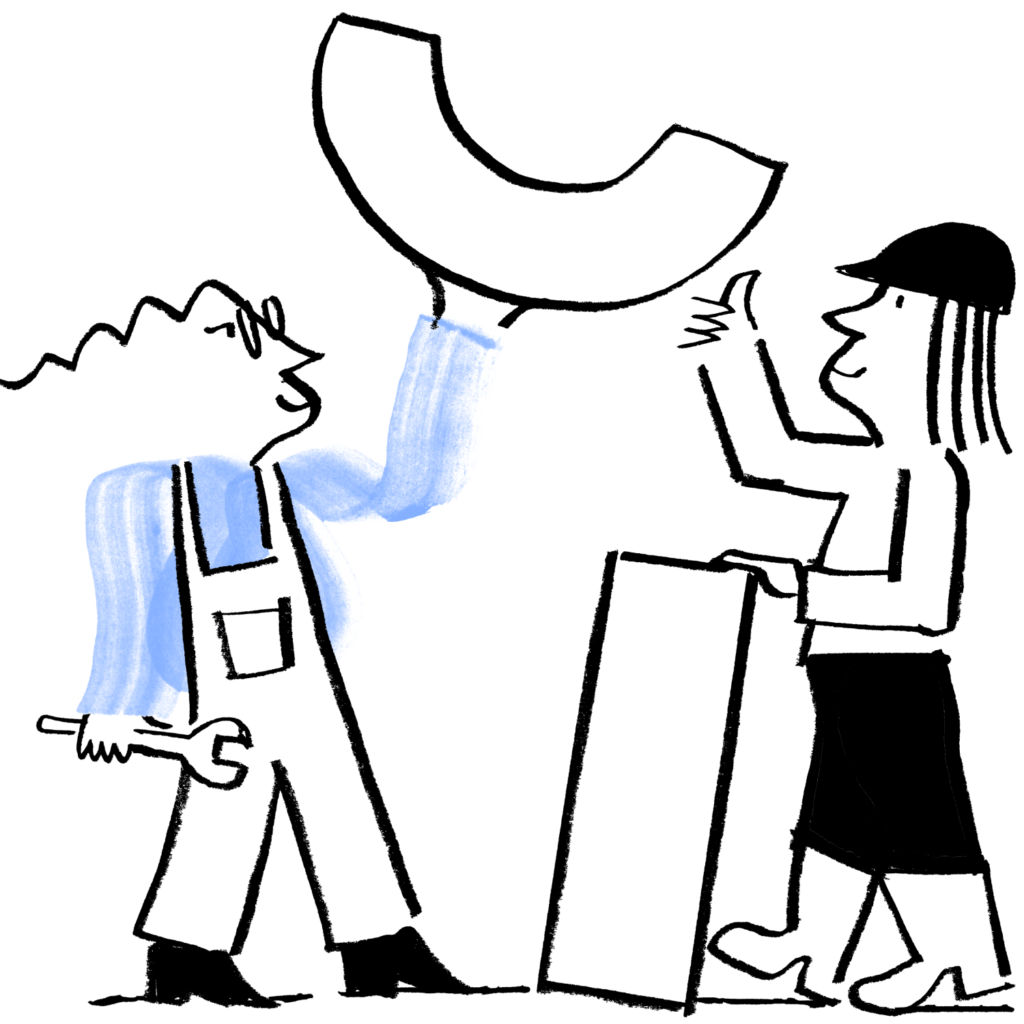 An illustration of Quinn holding a block and an engineer with her own block