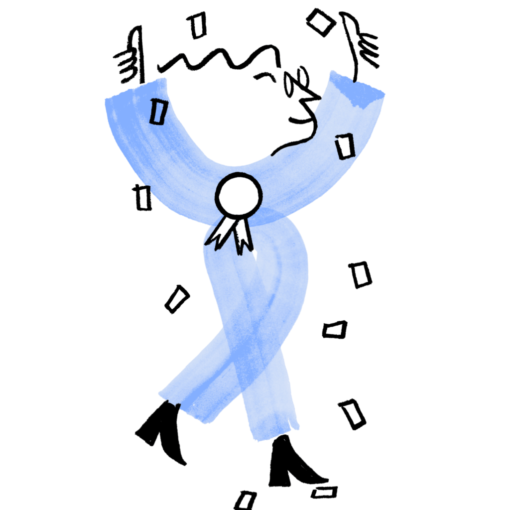 An illustration of Quinn, two thumbs up in a celebratory pose.