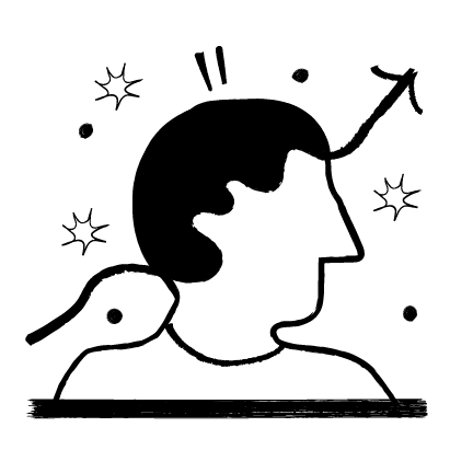 An abstract illustration featuring a man's head, an upward arrow, and sparkles in the background.