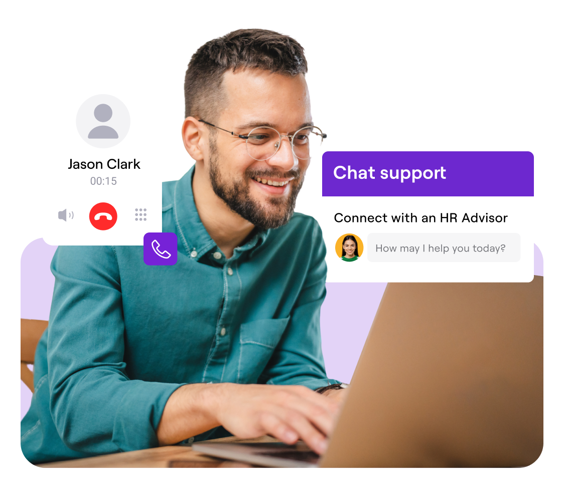 Smiling man using a laptop with overlayed UI elements showing an ongoing call with 'Jason Clark' and a chat support window titled 'Connect with an HR Advisor' displaying a message asking, 'How may I help you today?'