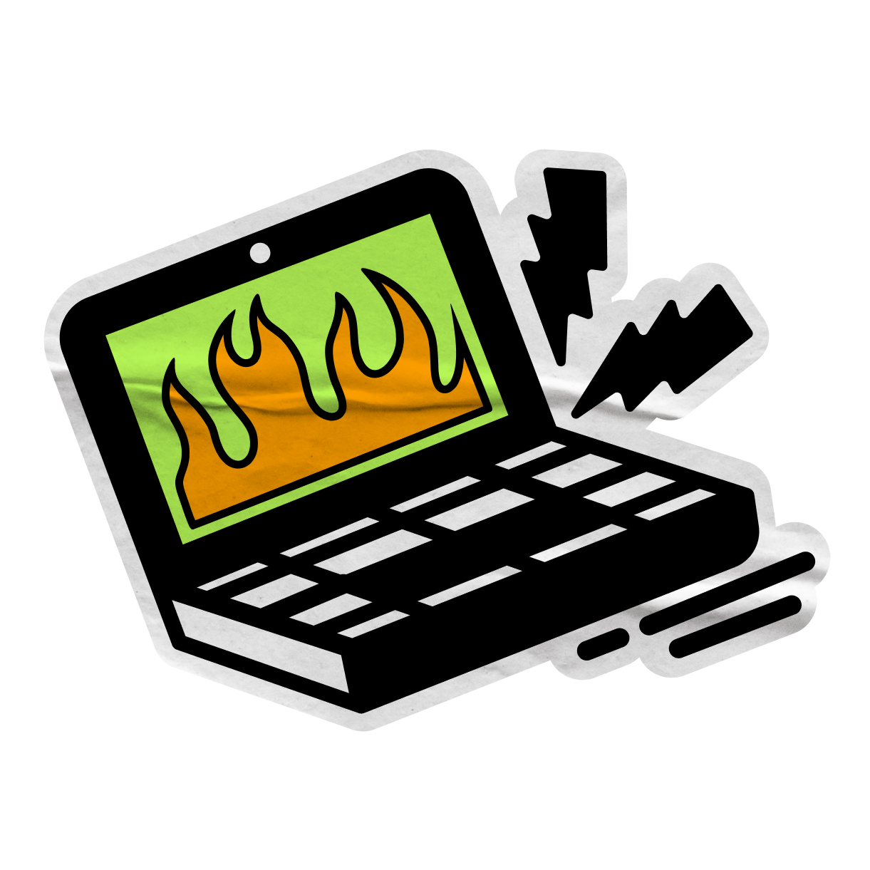 Laptop displaying an orange fire illustration and a electricity icon on the side.