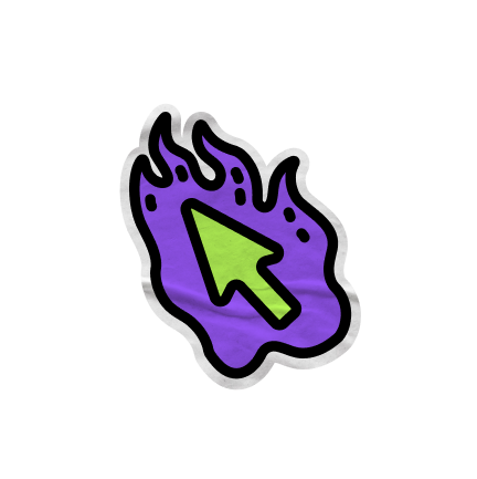 A cartoon graphic of a green cursor on a purple flame-like background.