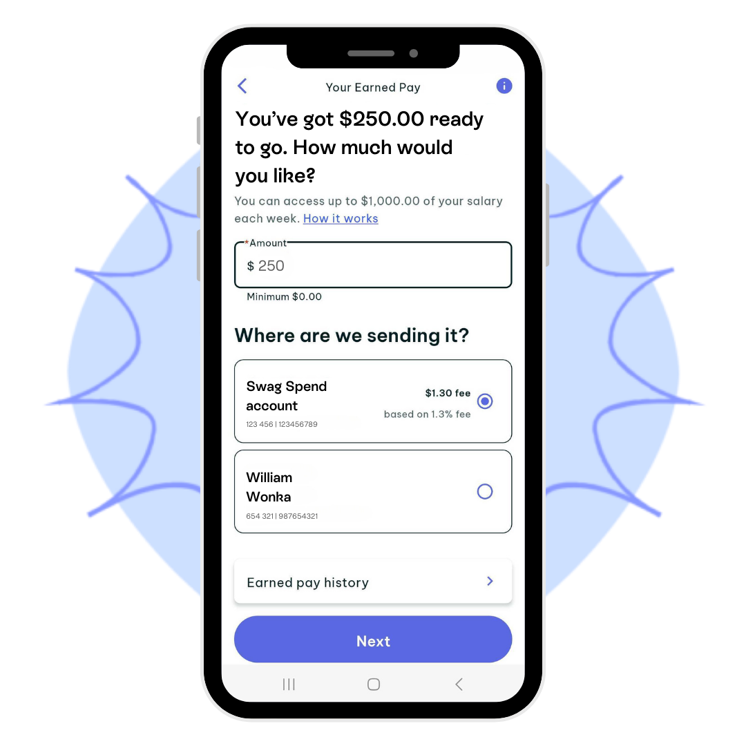 An image of a smartphone screen displaying an earned pay request interface.