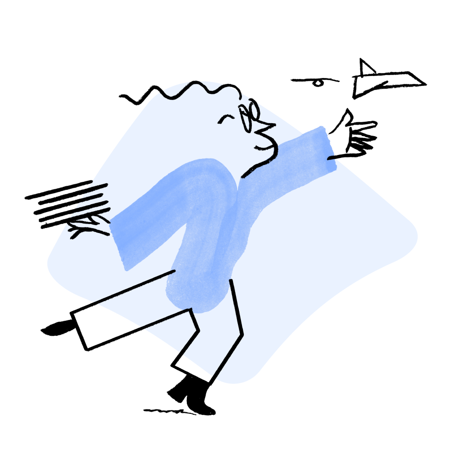 An illustration of Quinn setting a paper plane in motion while balancing a pile of paper on one hand