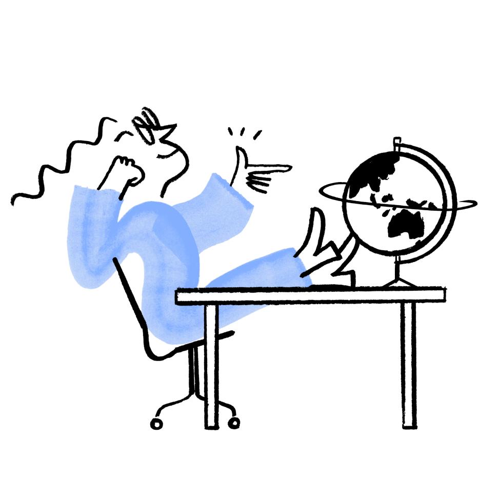 This image features a minimalist illustration of a figure in motion, depicted with abstract blue brushstrokes, appearing to leap or fall over a simple black-and-white table. The design is abstract and playful, with a focus on movement and simplicity, set against a transparent or white background.
