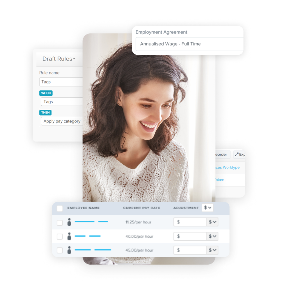 A smiling woman overlaid with digital elements like pay rate adjustments and employment agreement settings, symbolizing streamlined payroll and employment management