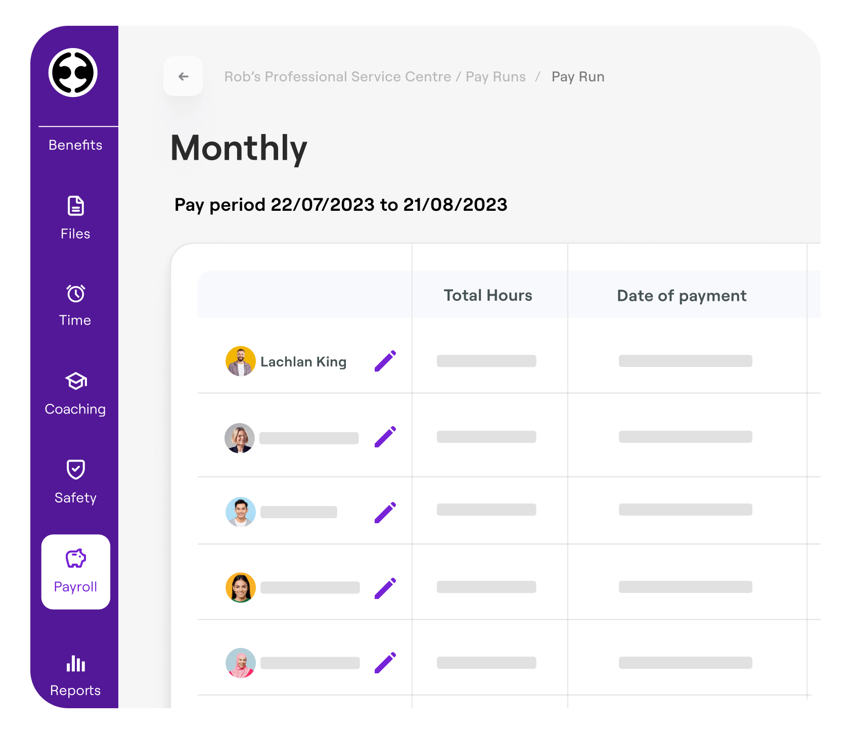 Payroll management dashboard showing a monthly pay run for the period 22/07/2023 to 21/08/2023. Includes a table listing employees, their total hours, and dates of payment. The navigation menu on the left highlights 'Payroll.'
