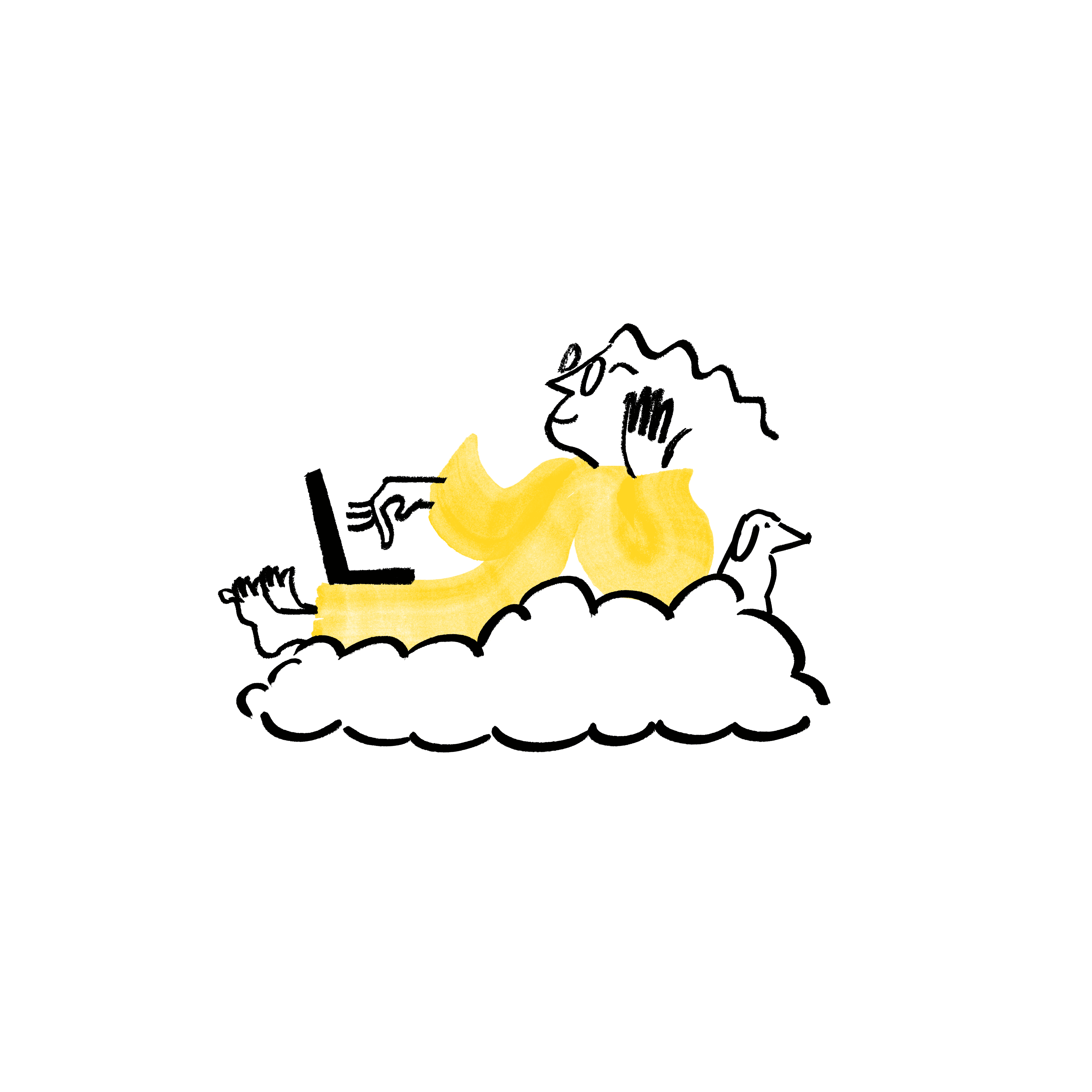 An illustration of Quinn resting atop a cloud while working on a laptop, a dog resting nearby