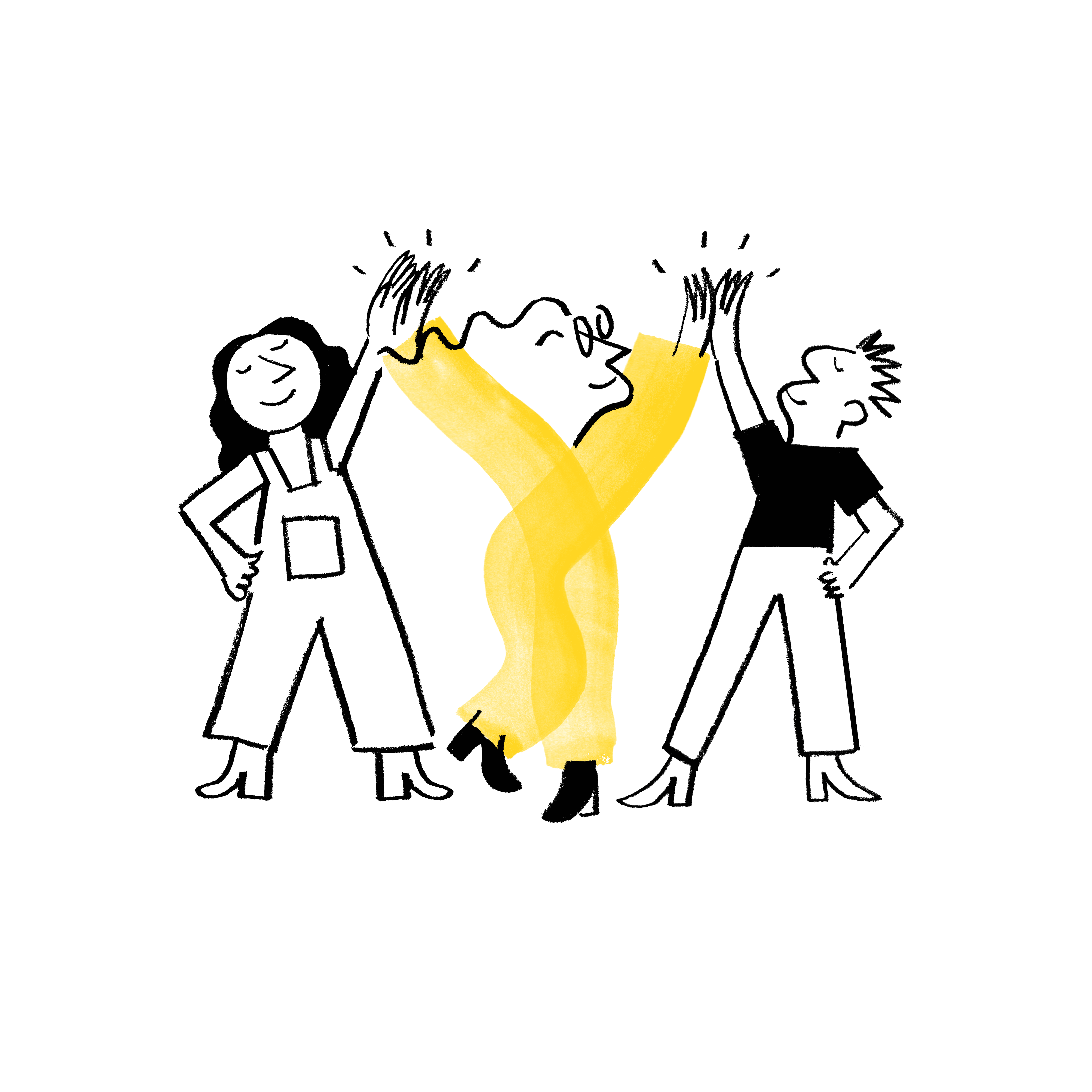 An illustration of Quinn giving high fives to two people