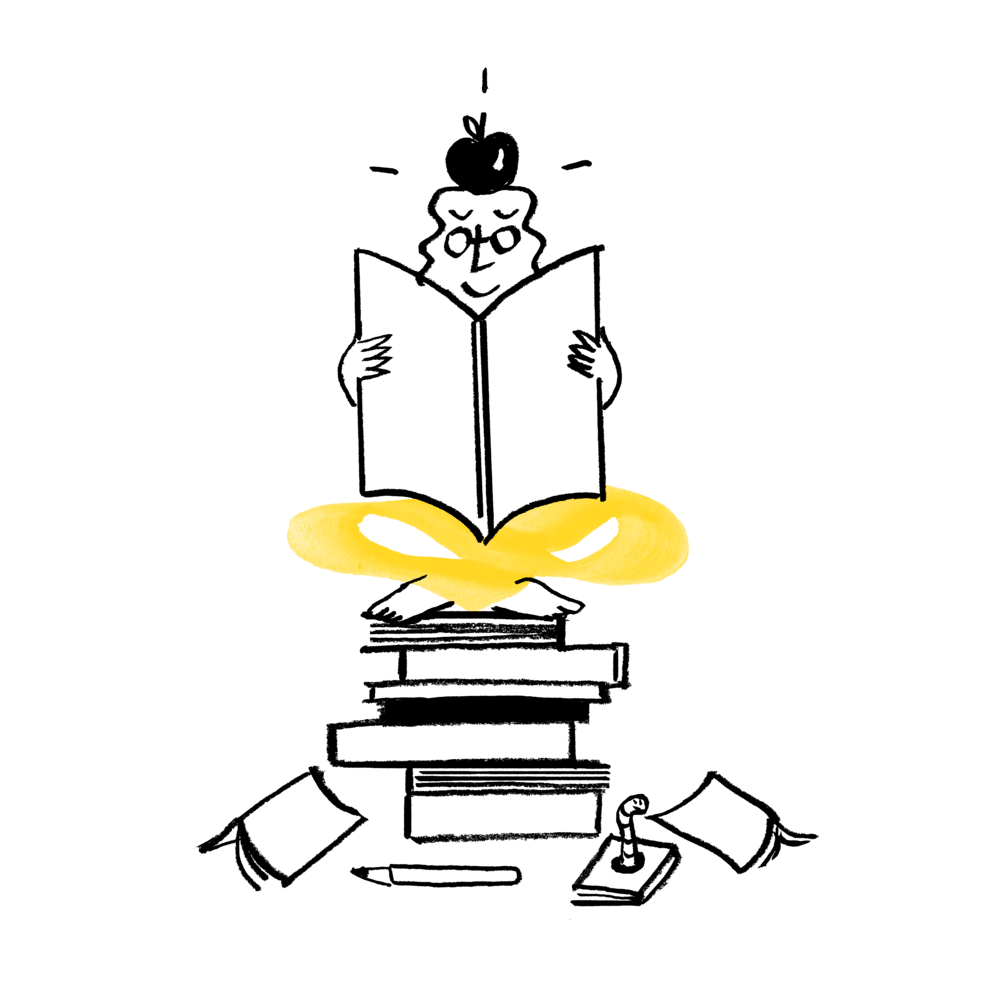 An illustration of Quinn, sitting atop books while reading, an apple on their head