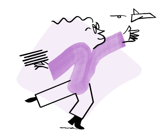 An illustration of Quinn running forward with a paper plane set in motion