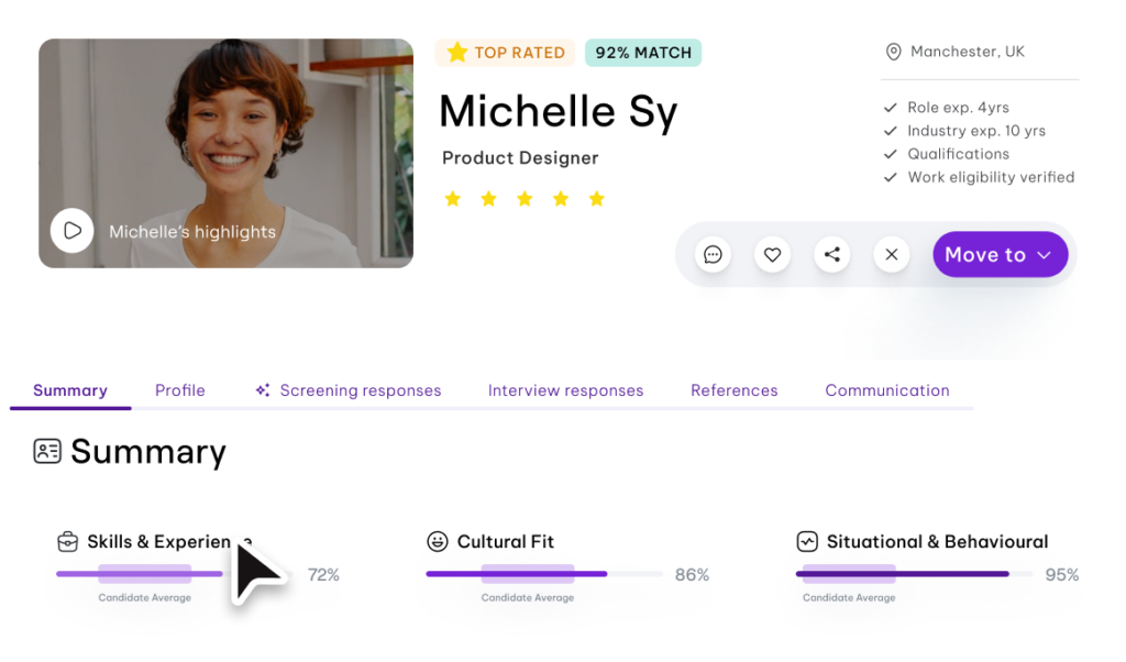 A graphic showing a candidate profile summary for Michelle Sy, a Product Designer. The profile highlights her top-rated status and a 95% match score. Below, a detailed breakdown evaluates her skills, cultural fit, and situational behavior, emphasizing a data-driven and unbiased hiring process