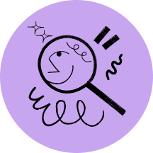 A graphic of a magnifying glass with a smiling face inside, squiggles all around