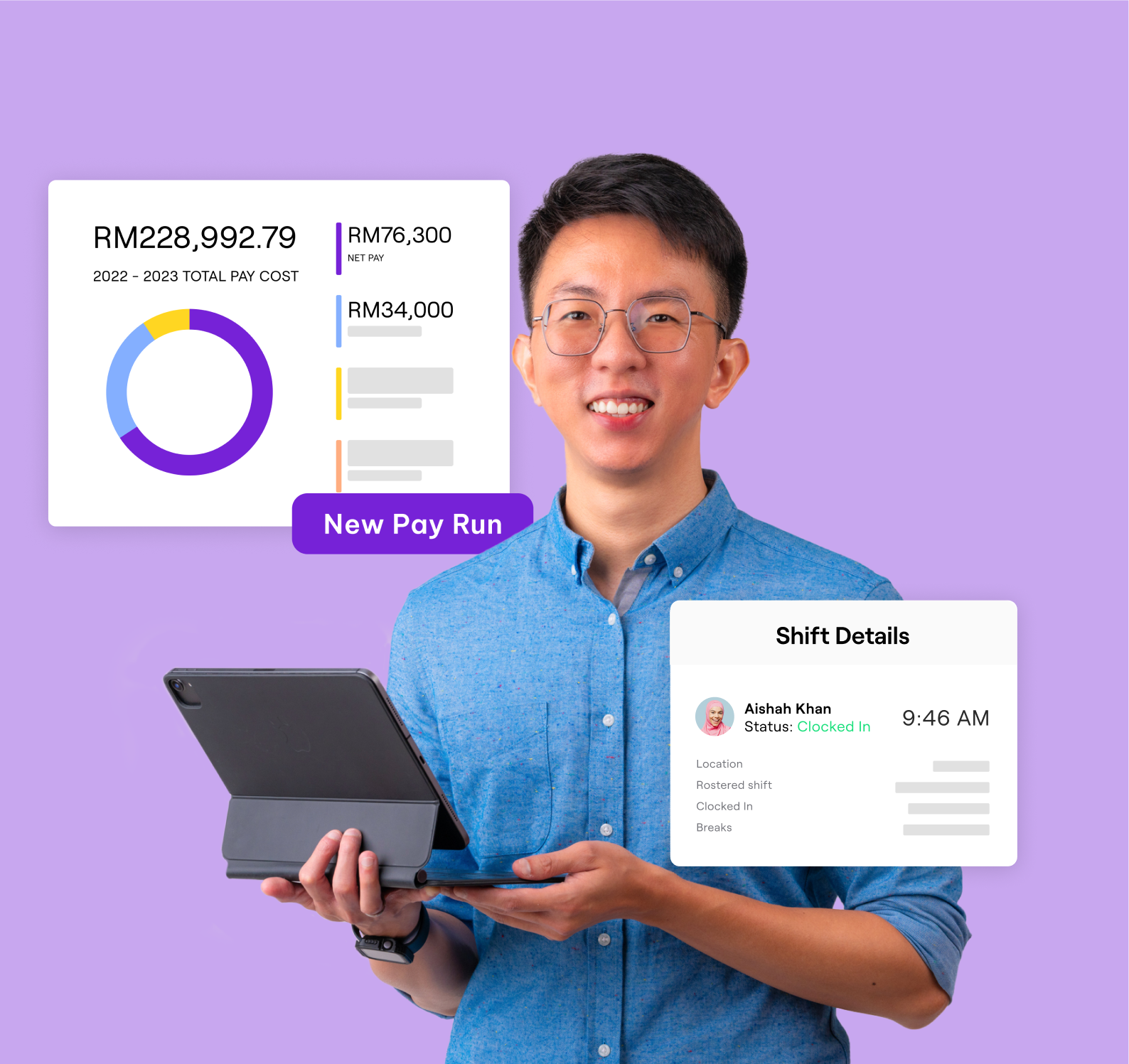 A man wearing glasses and a blue polo shirt smiles while holding a tablet, with overlay popups showing a pay runs dashboard and shift details.