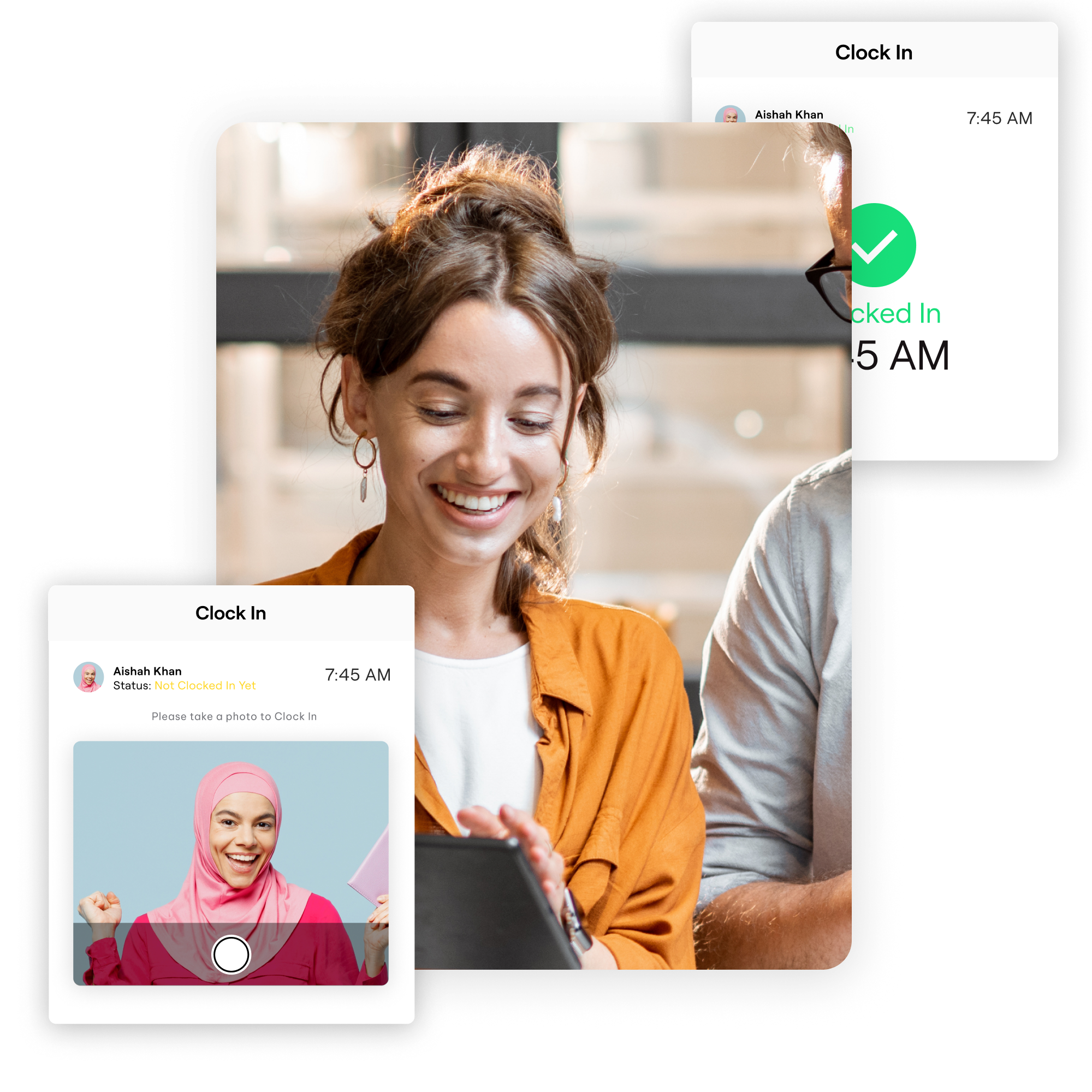 Image showing a cheerful woman reviewing data on a tablet, overlaid with screenshots of employees' clock-in times, including their photos and timestamps, indicating successful clock-ins