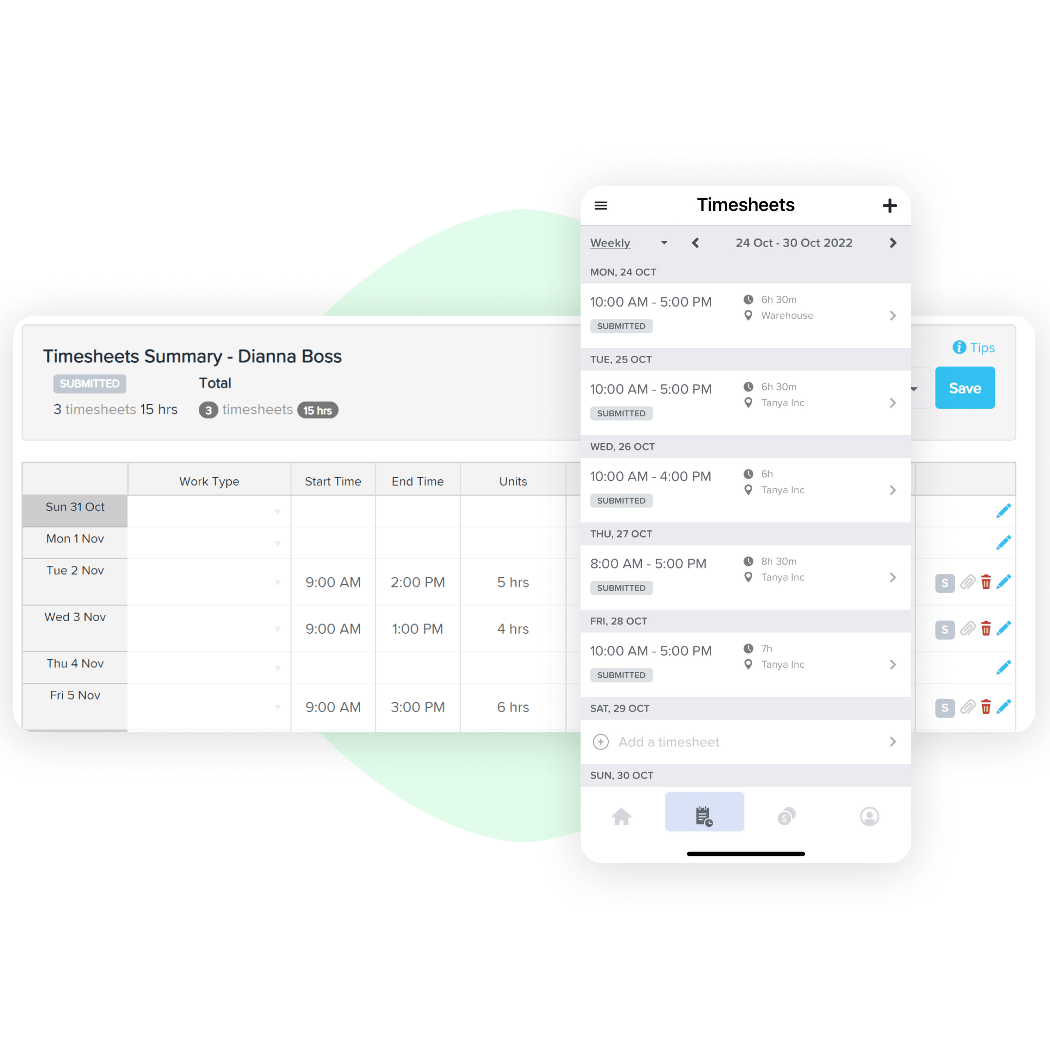 Image displaying a summary of timesheets on a desktop view and a mobile view