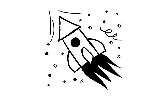 A rocketship with a trail of flame behind and sparkles in the background.