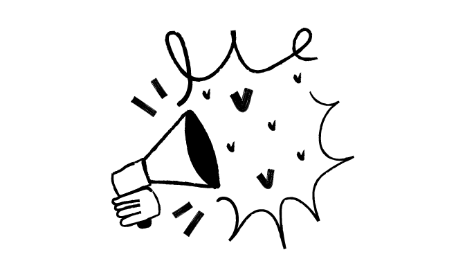 A hand holding a mega phone with line strokes in the background symbolizing sound.