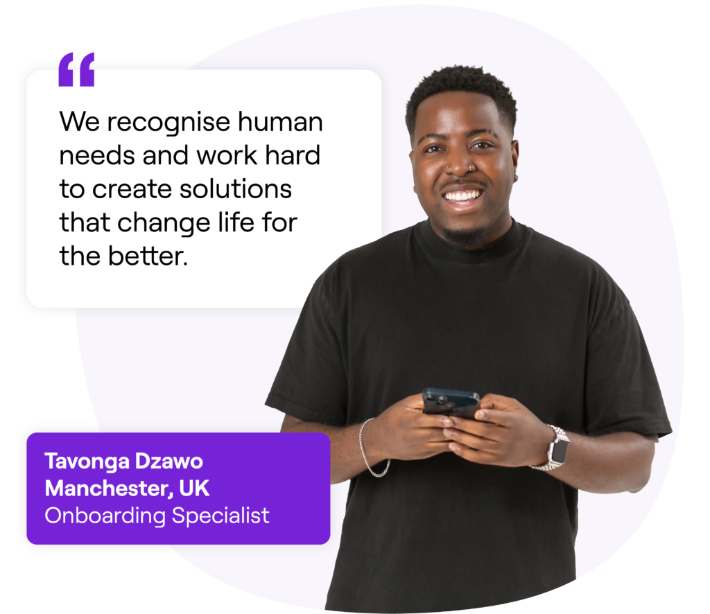 Image of Tavonga Dzawo, an Onboarding Specialist from Manchester, UK, holding a phone