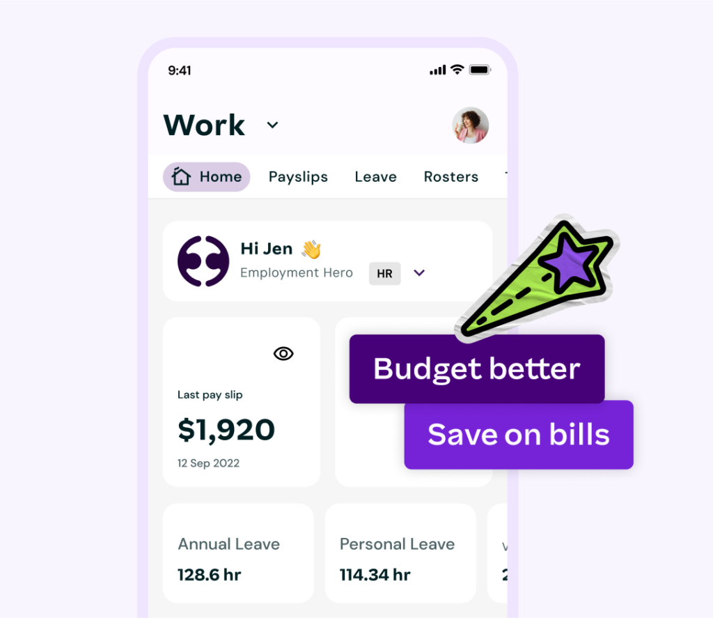Mobile dashboard for an employee named Jen, displaying pay slip amount, leave balances, and navigation tabs for payslips, leave, and rosters.